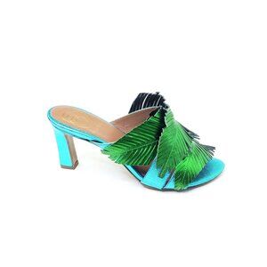 Baldowski Sandal Heel Open Toe Leaf Floral Green Blue Womens EUR 37/US 7